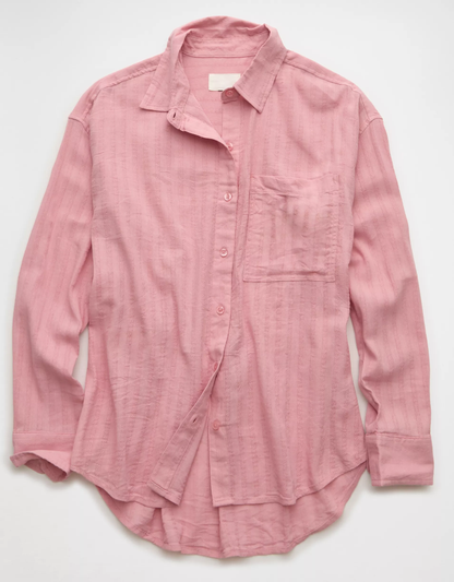 Relaxed‑Fit Collared Gauze Cotton‑Blend Button‑Front Long‑Sleeve Top