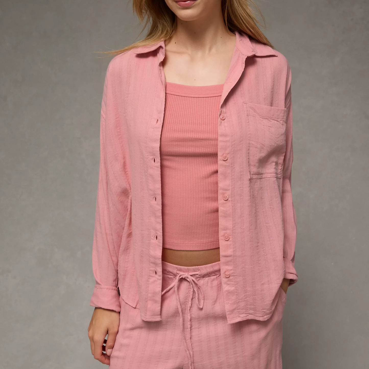 Relaxed‑Fit Collared Gauze Cotton‑Blend Button‑Front Long‑Sleeve Top