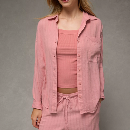 Relaxed‑Fit Collared Gauze Cotton‑Blend Button‑Front Long‑Sleeve Top