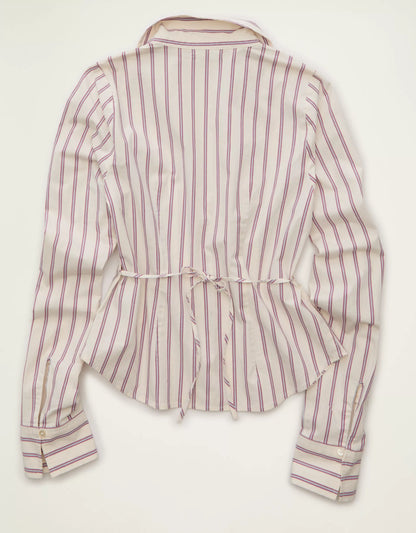 Slim‑Cut Striped Woven Cotton Tie‑Back Button‑Front Long‑Sleeve Blouse