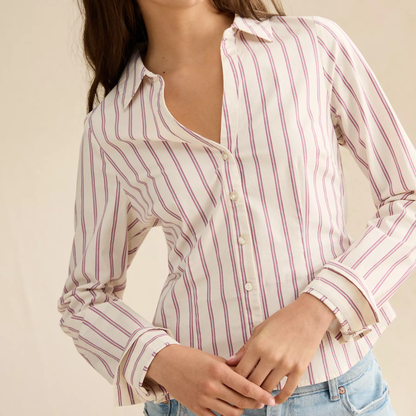 Slim‑Cut Striped Woven Cotton Tie‑Back Button‑Front Long‑Sleeve Blouse