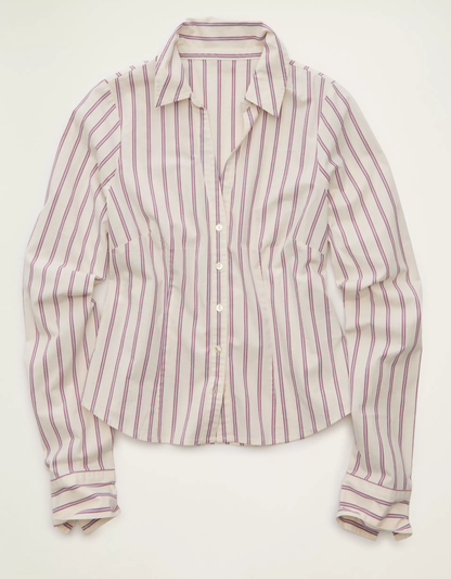 Slim‑Cut Striped Woven Cotton Tie‑Back Button‑Front Long‑Sleeve Blouse
