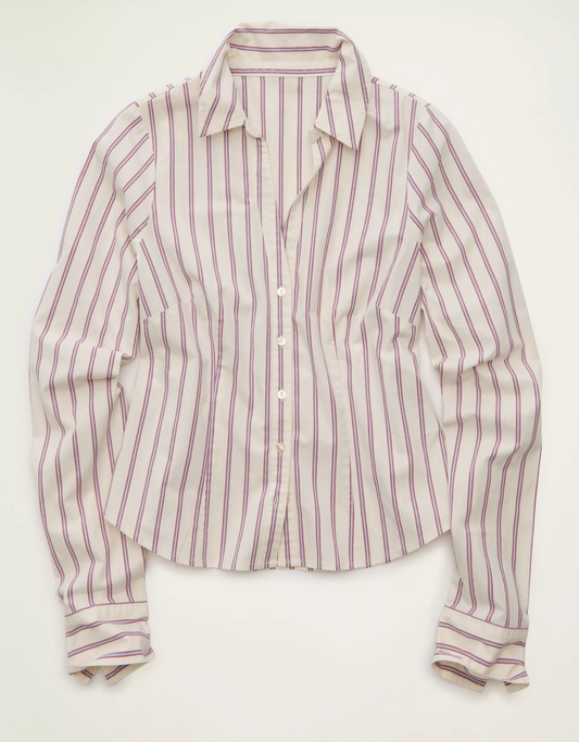 Slim‑Cut Striped Woven Cotton Tie‑Back Button‑Front Long‑Sleeve Blouse