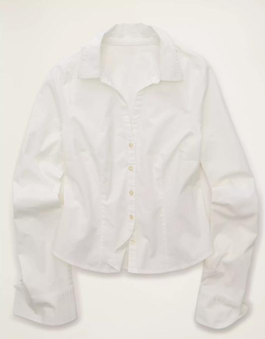 Tailored Collared Stretch Poplin Button‑Front Long‑Sleeve Shirt