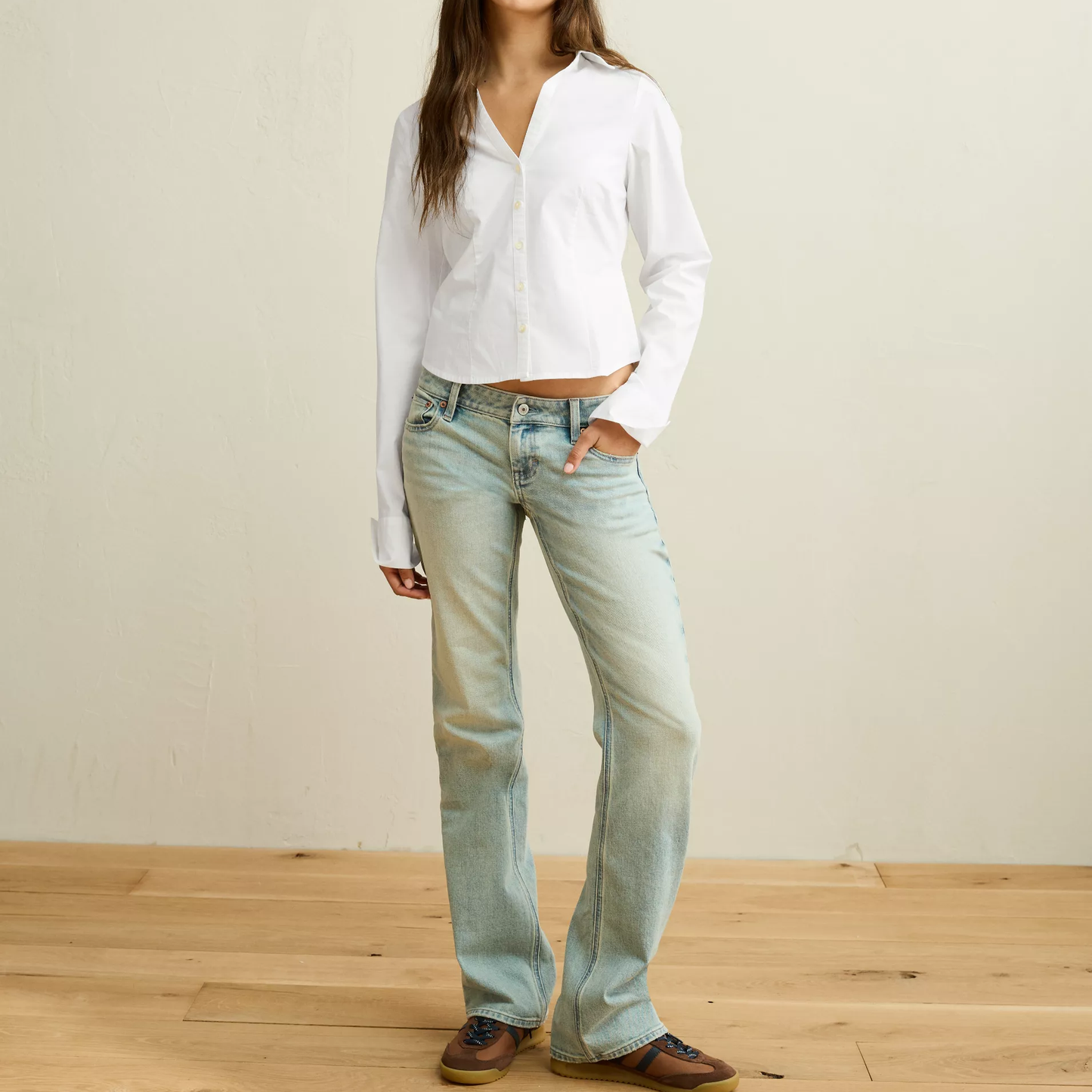 Tailored Collared Stretch Poplin Button‑Front Long‑Sleeve Shirt