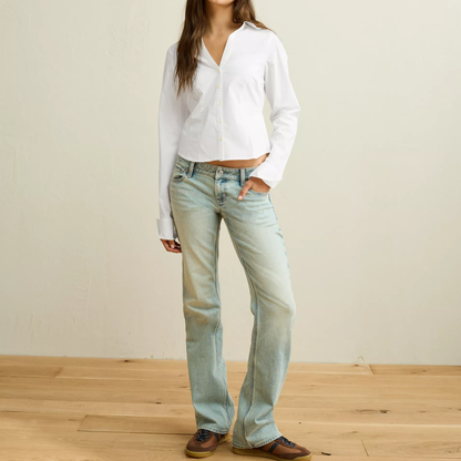 Tailored Collared Stretch Poplin Button‑Front Long‑Sleeve Shirt